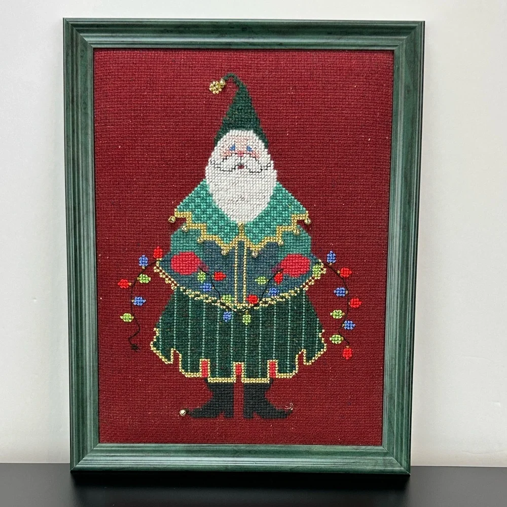 Vtg Handmade Completed Cross Stitch Santa Claus‎ Framed Art No Glass Wall Decor